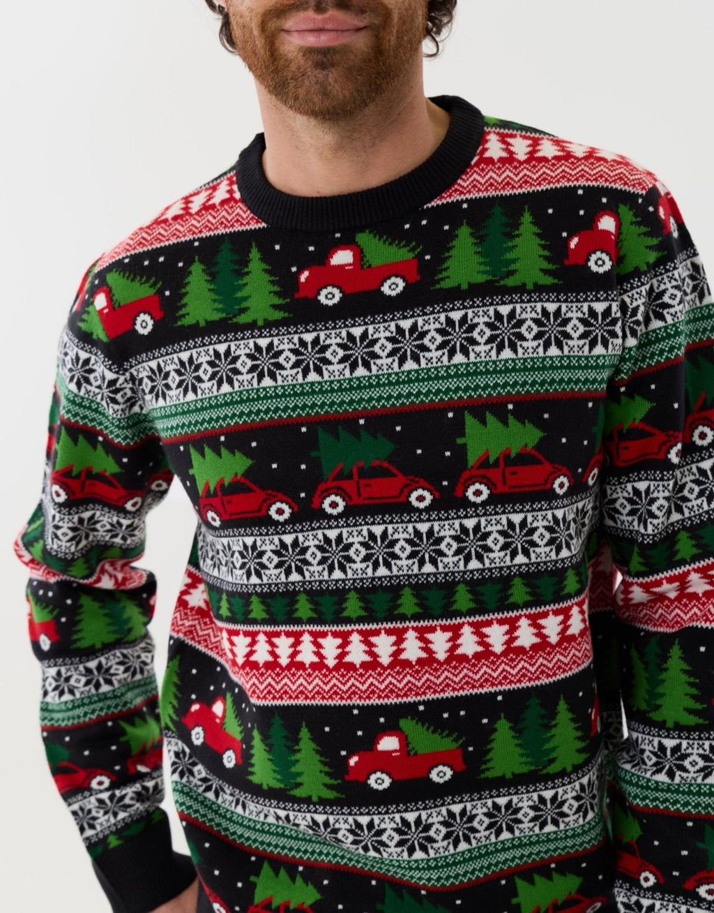 Men's Red Truck Fair Isle Christmas Sweater Crew Neck