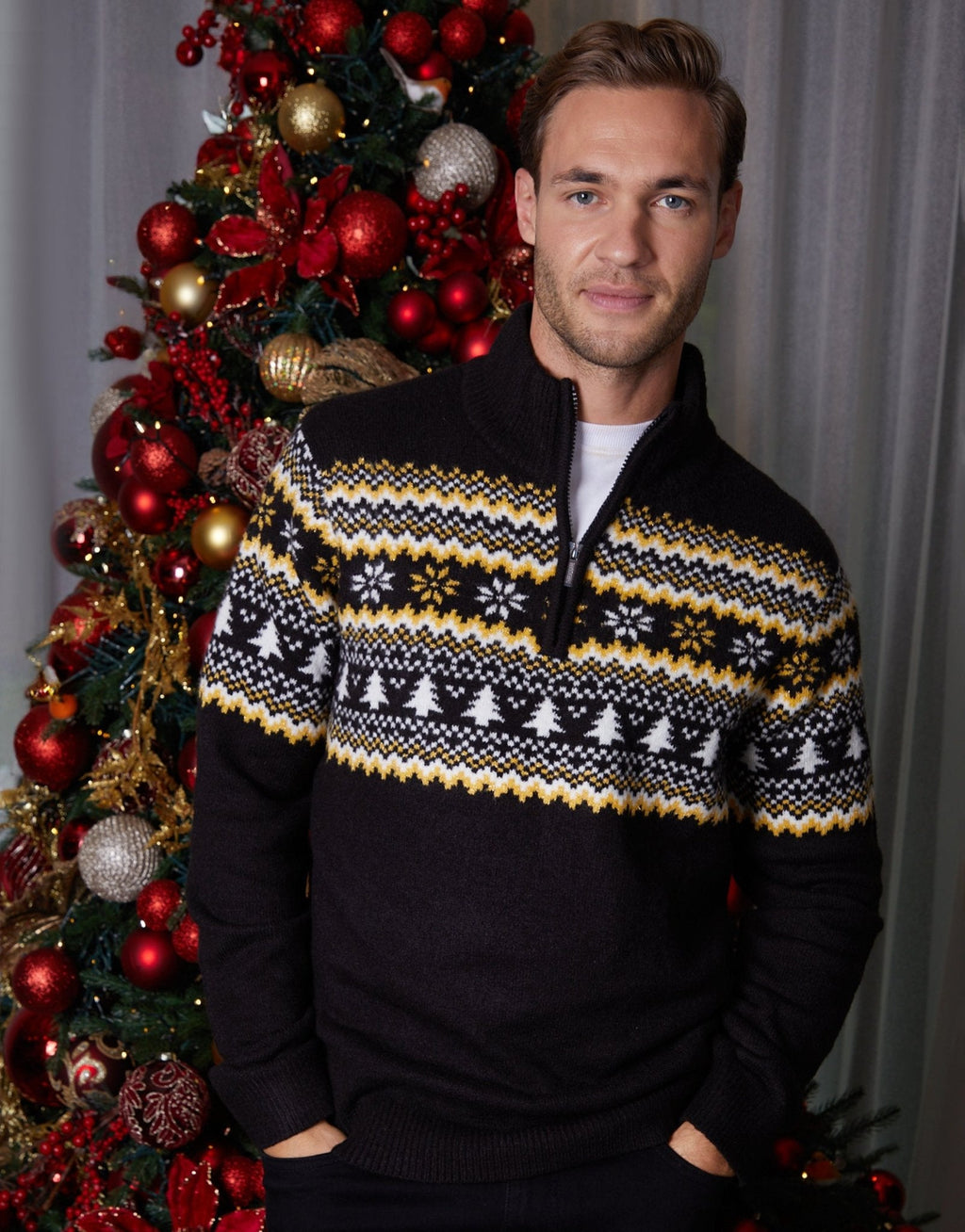 Men's Fair Isle Christmas Tree Sweater Quarter Zip