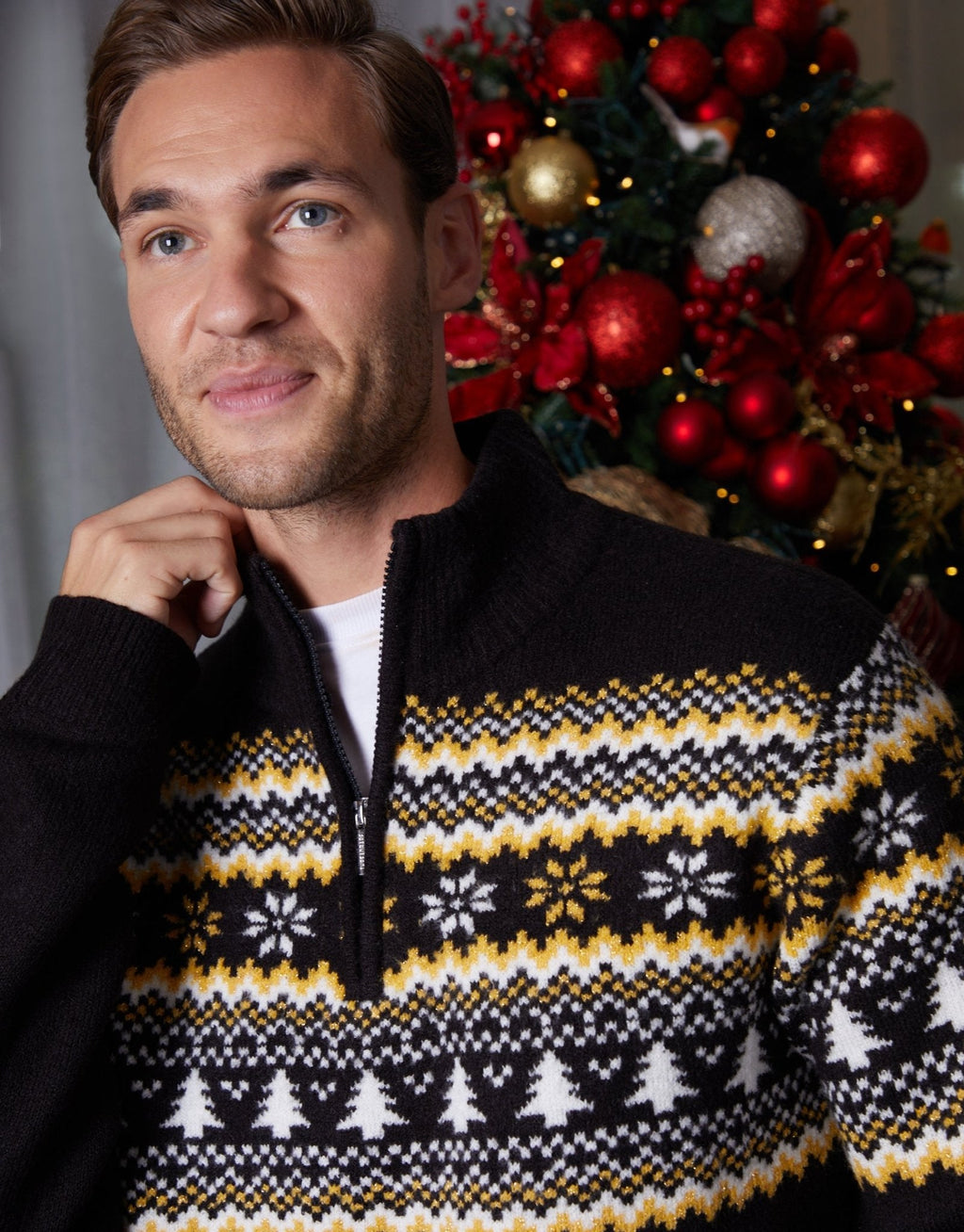 Men's Fair Isle Christmas Tree Sweater Quarter Zip
