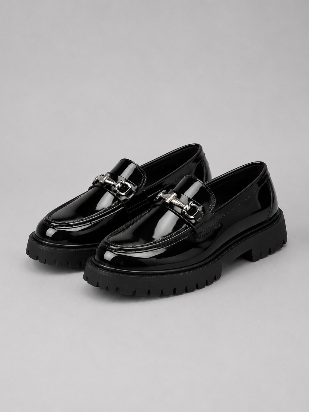 Men's Chunky Faux Leather Horsebit Loafers in Black