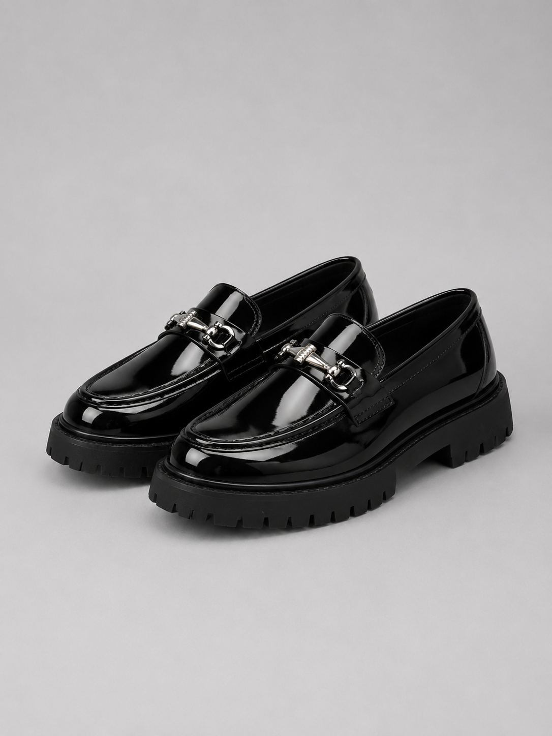 Men's Chunky Faux Leather Horsebit Loafers in Black