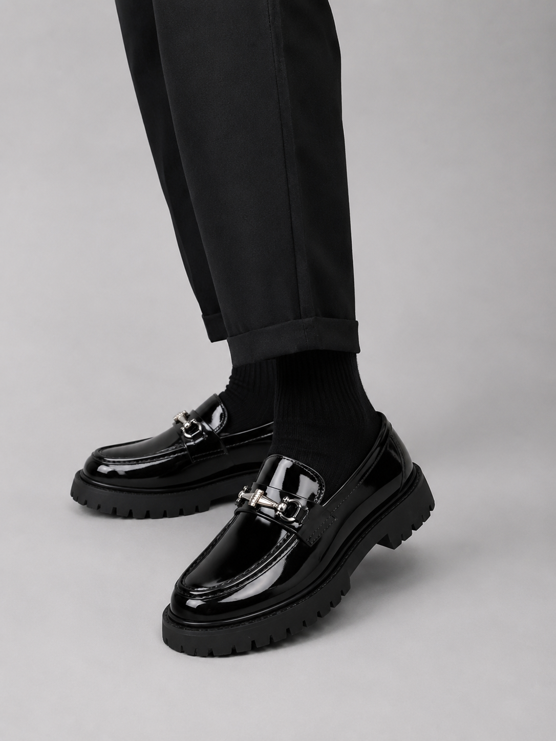 Men's Chunky Faux Leather Horsebit Loafers in Black