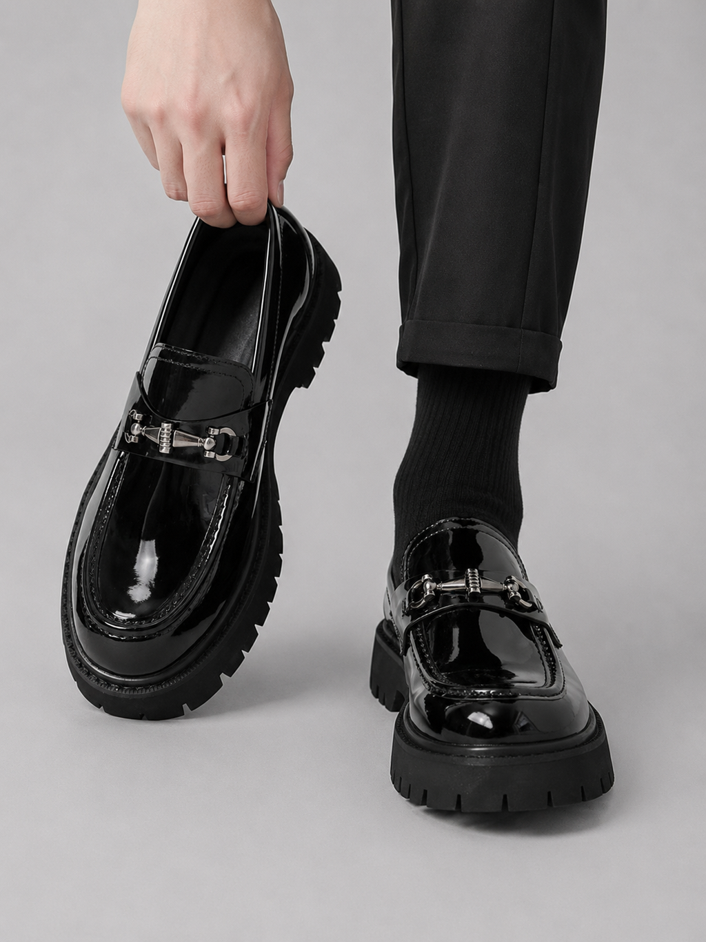 Men's Chunky Faux Leather Horsebit Loafers in Black