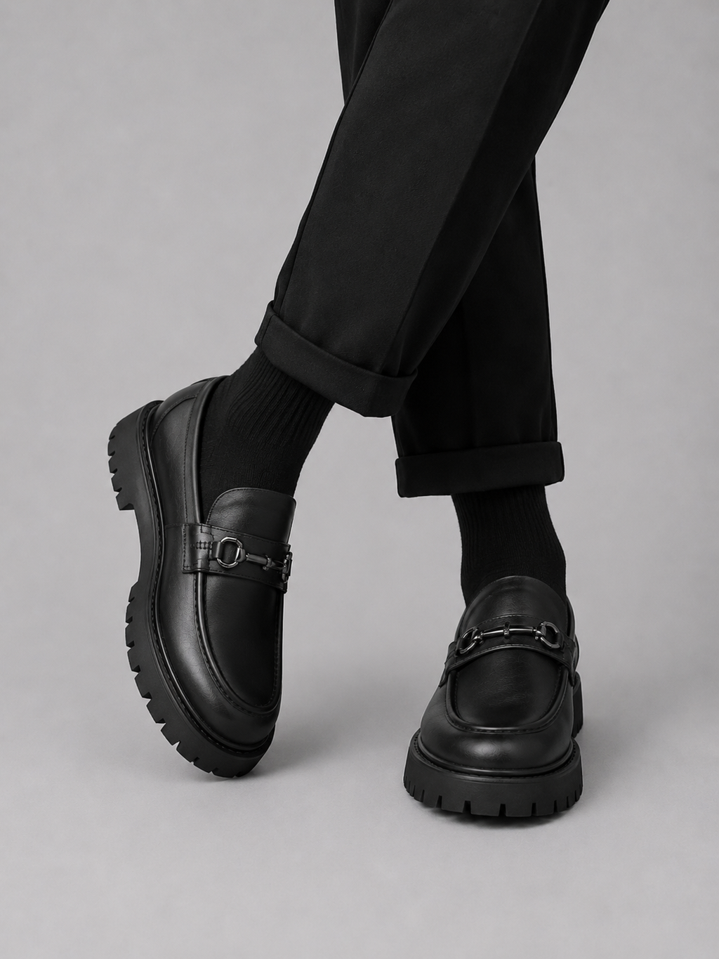 Men's Chunky Faux Leather Horsebit Loafers in Black