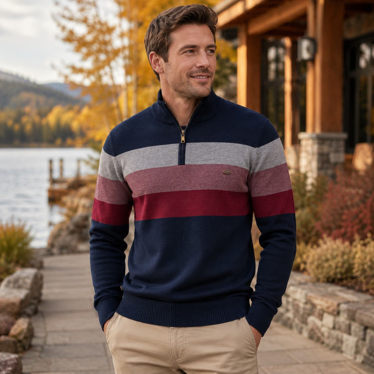 Men's Color Block Striped Quarter-Zip Sweater