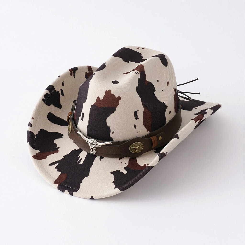Men's Cow Print Western Cowboy Hat in Camel