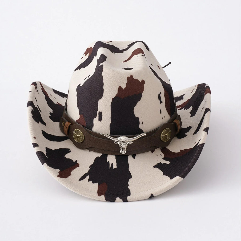 Men's Cow Print Western Cowboy Hat in Camel