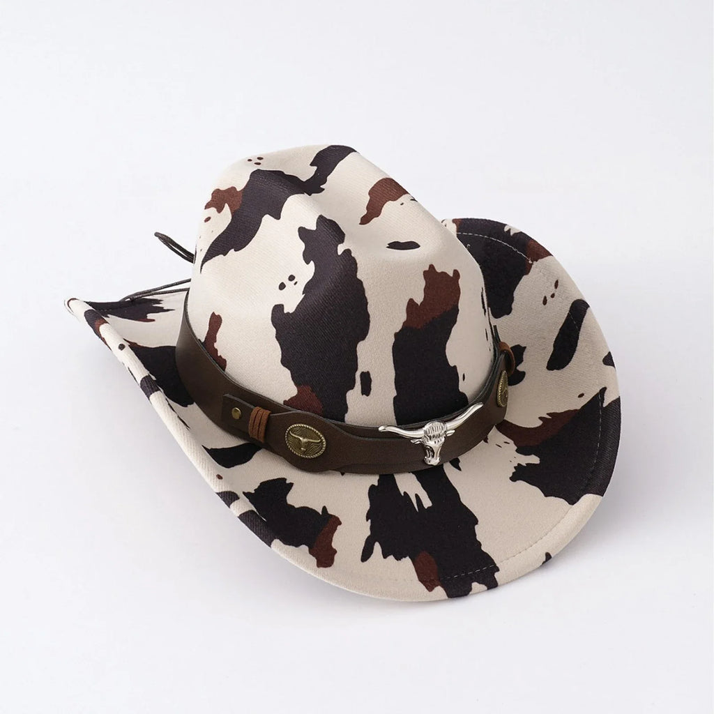 Men's Cow Print Western Cowboy Hat in Camel
