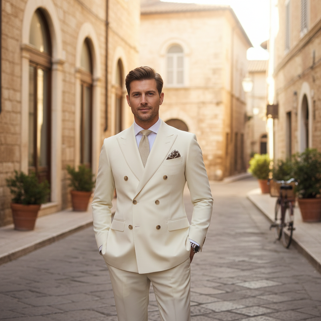 Men's Double-Breasted Peak Lapel Suit in Cream