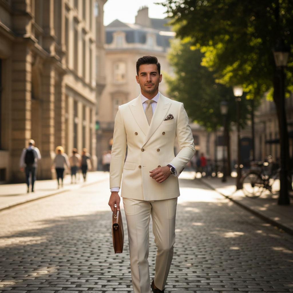 Men's Double-Breasted Peak Lapel Suit in Cream