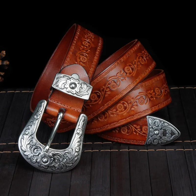 Men's Embossed Floral Western Belt with Engraved Buckle