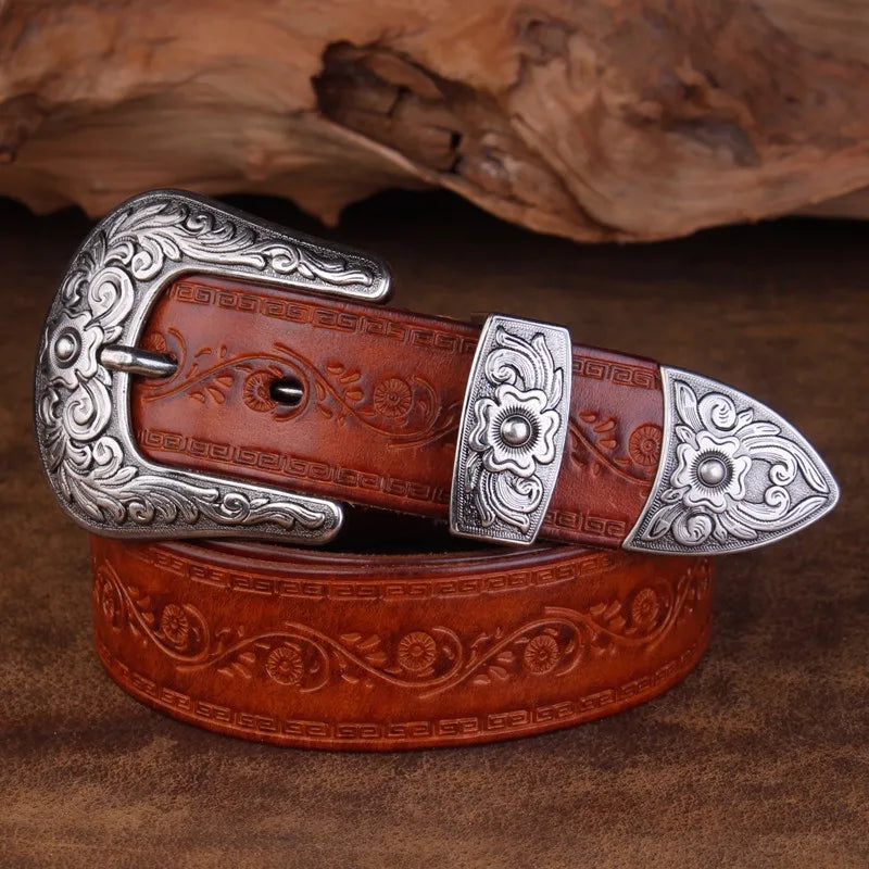 Men's Embossed Floral Western Belt with Engraved Buckle