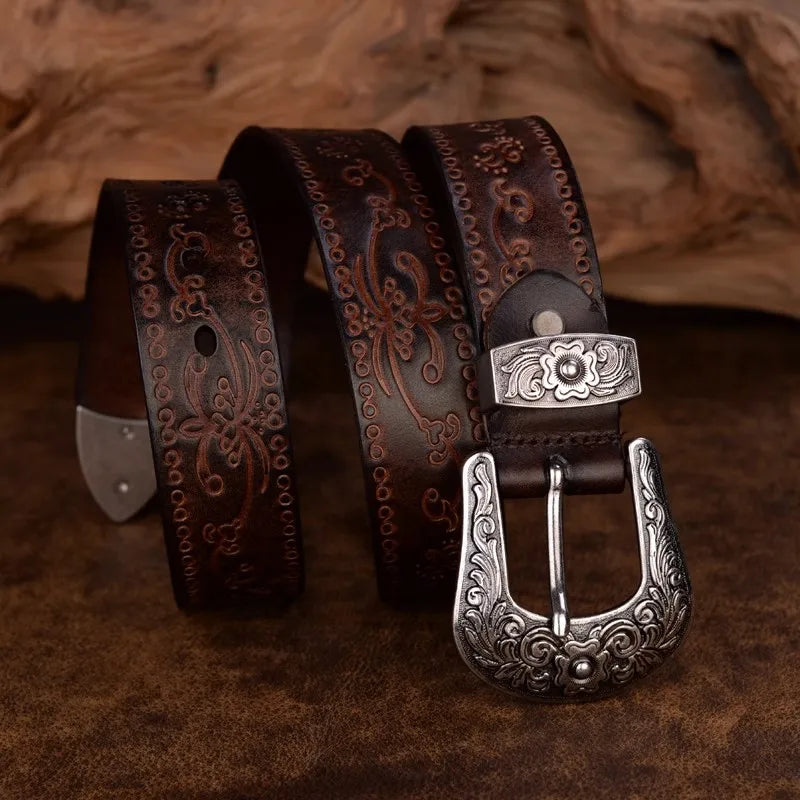 Men's Embossed Floral Western Belt with Engraved Buckle