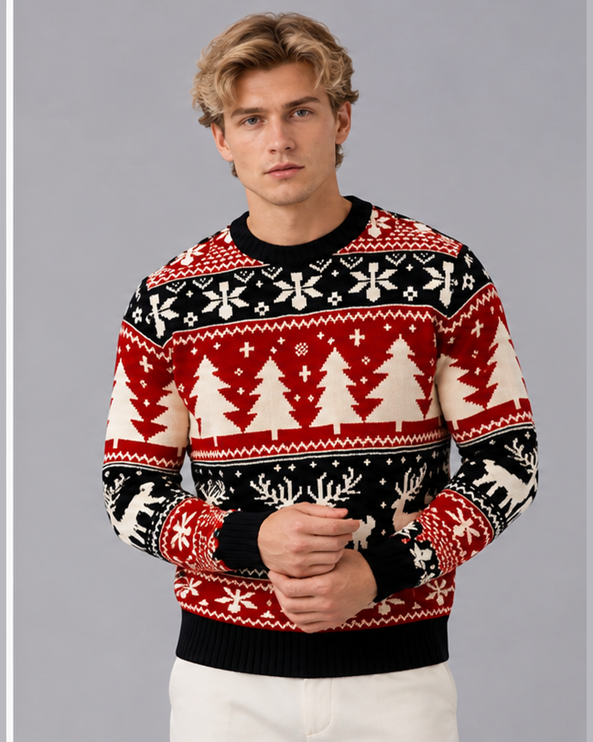 Men's Fair Isle Reindeer Tree Christmas Sweater Crew Neck