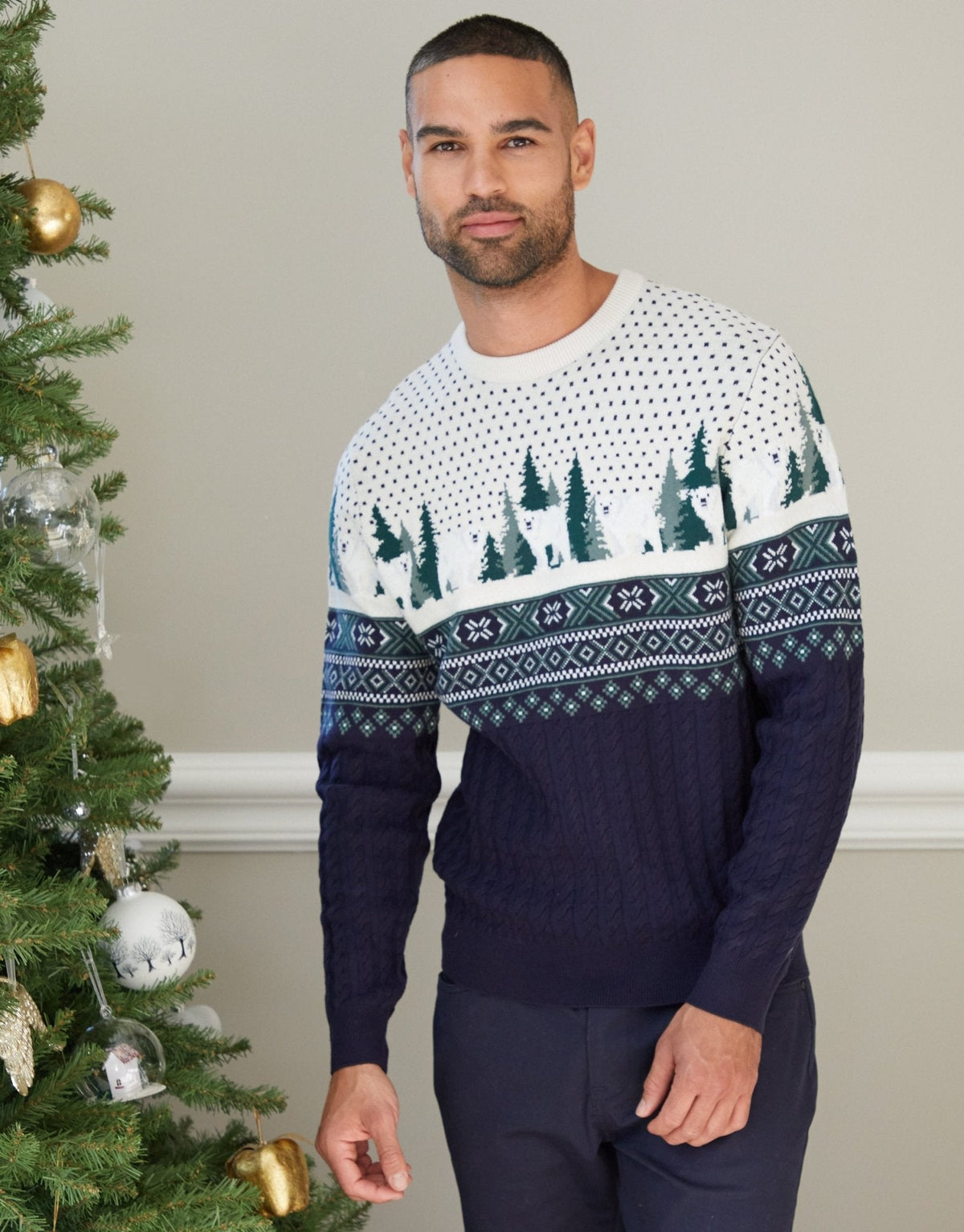 Men's Fair Isle Polar Bear Christmas Sweater Cable Knit