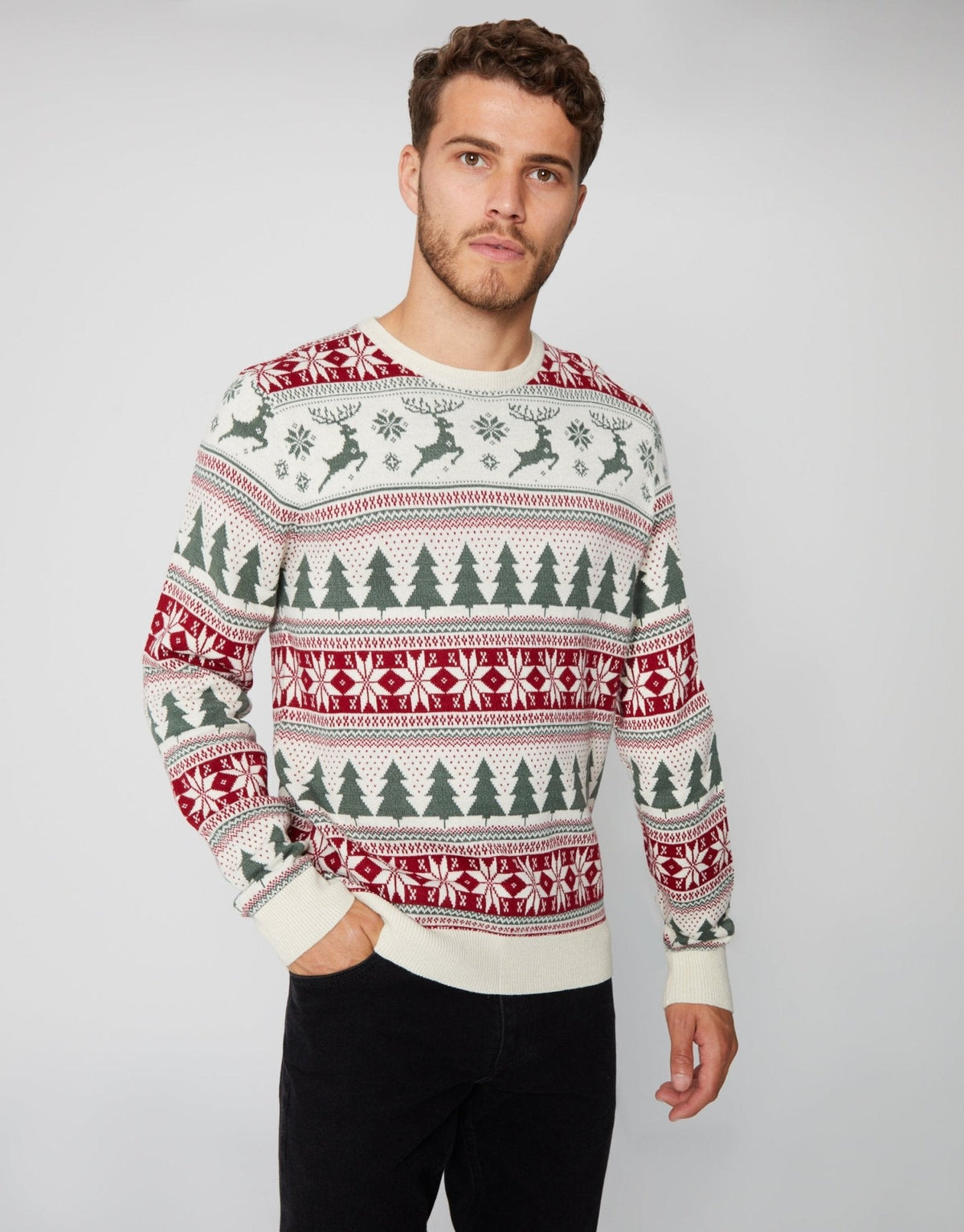Men's Fair Isle Reindeer Christmas Sweater in Cream