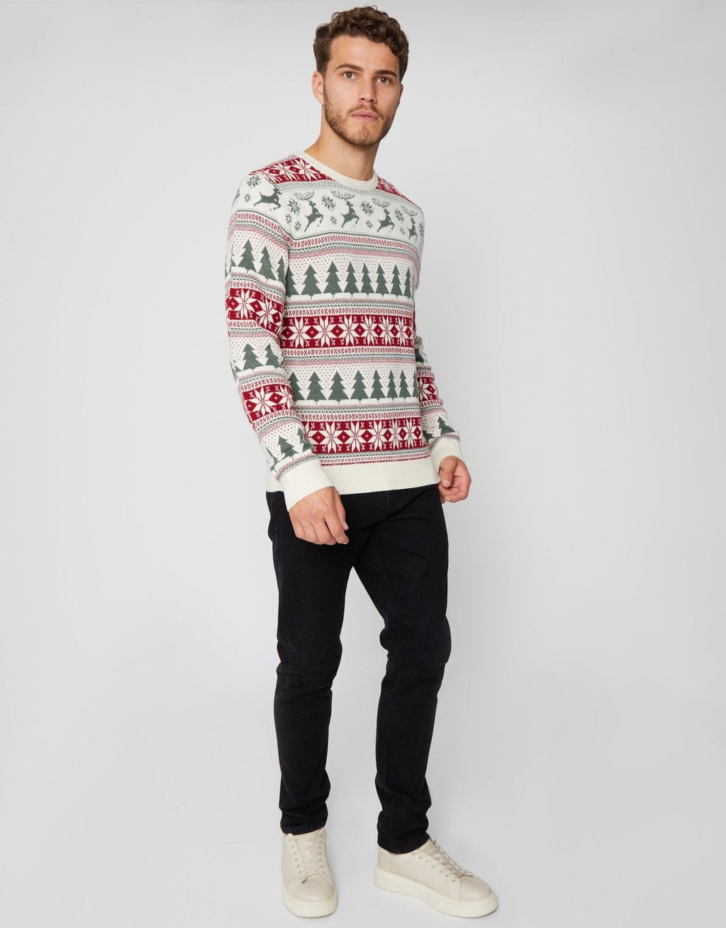Men's Fair Isle Reindeer Christmas Sweater in Cream