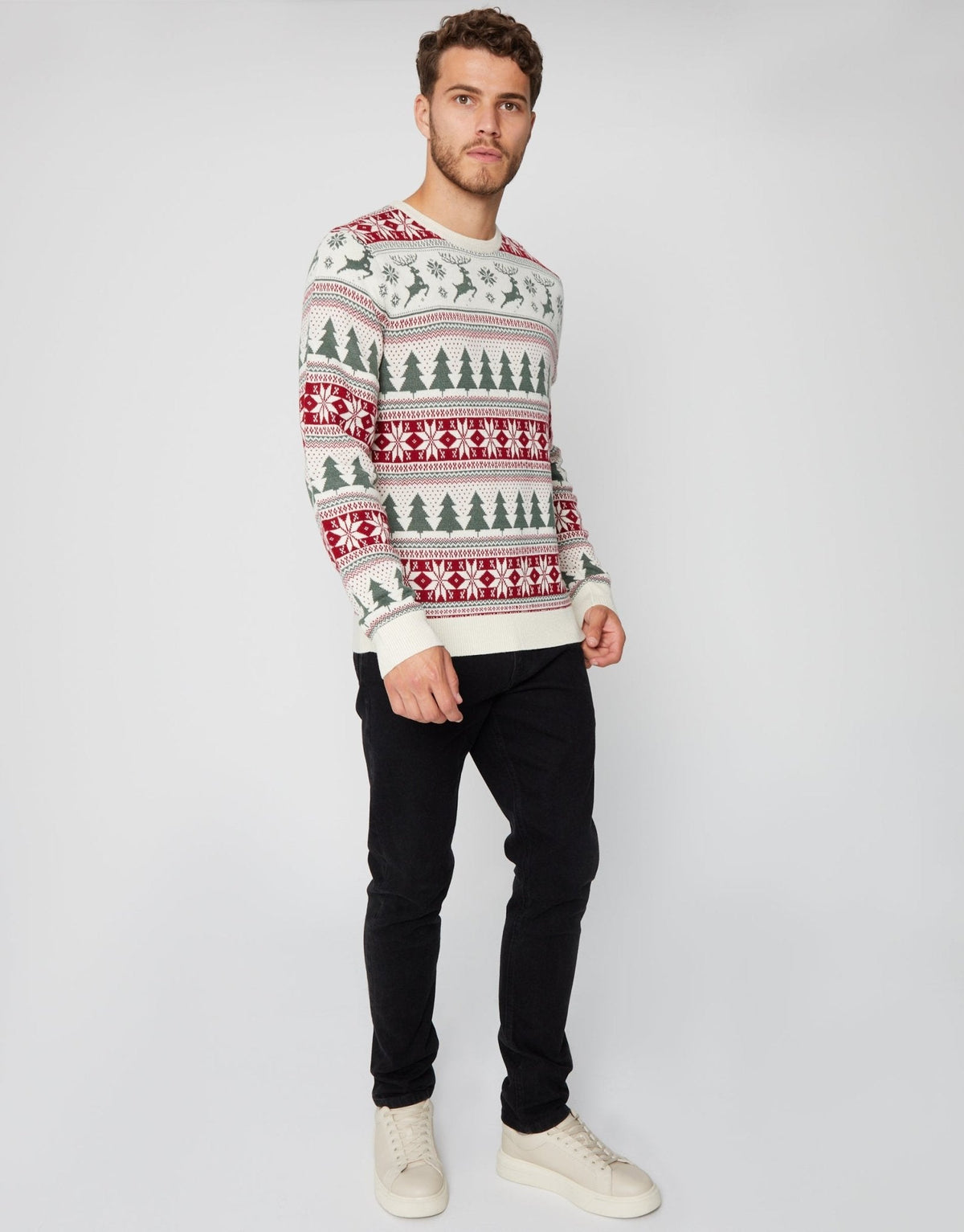 Men's Fair Isle Reindeer Christmas Sweater in Cream