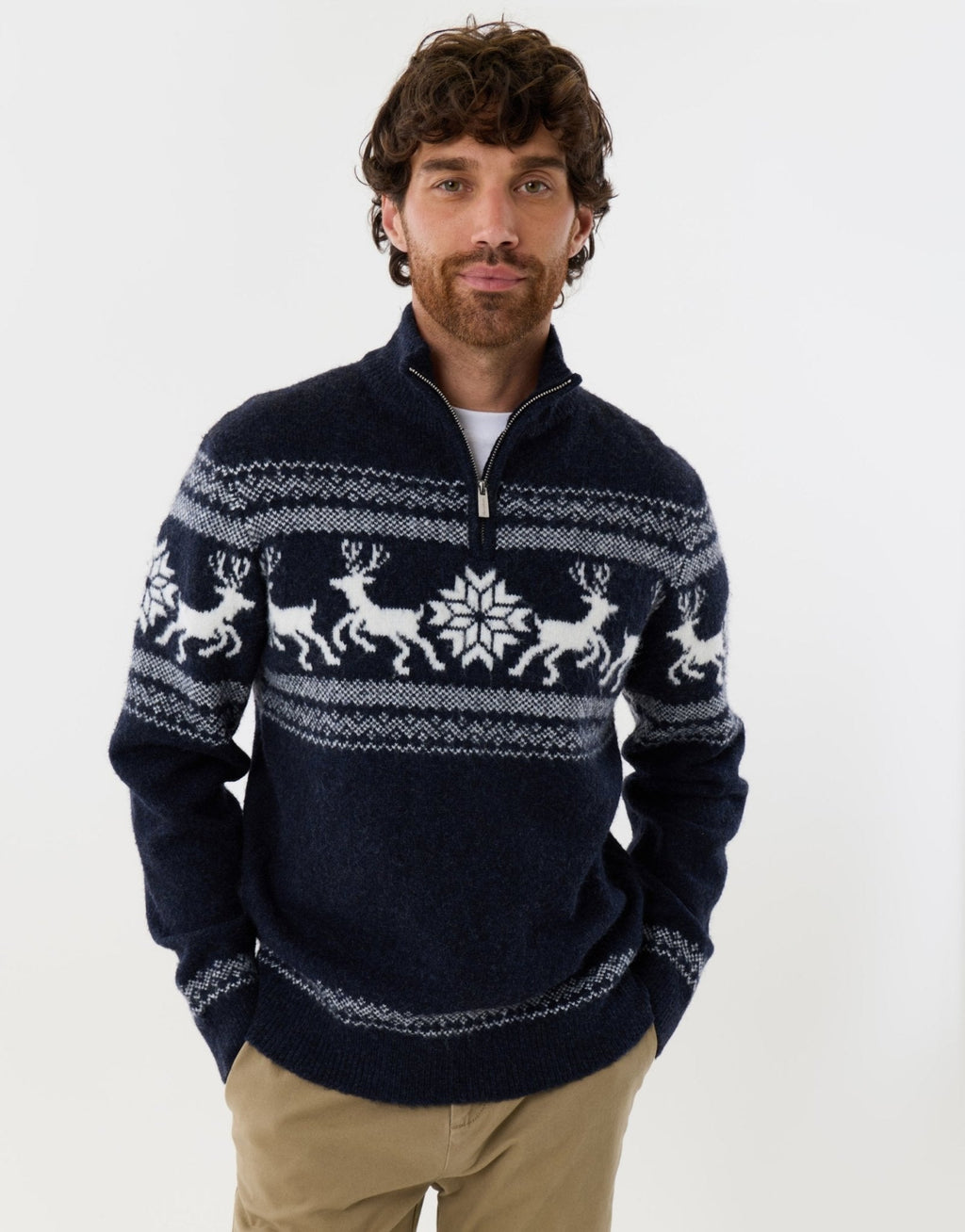 Men's Fair Isle Reindeer Christmas Sweater Quarter Zip Navy