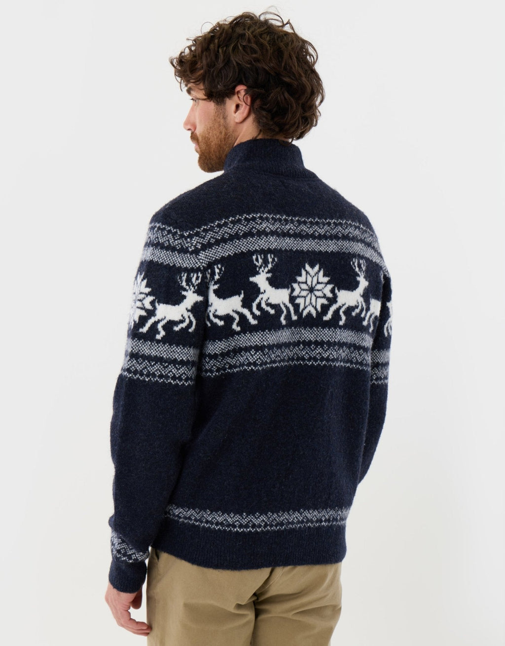 Men's Fair Isle Reindeer Christmas Sweater Quarter Zip Navy