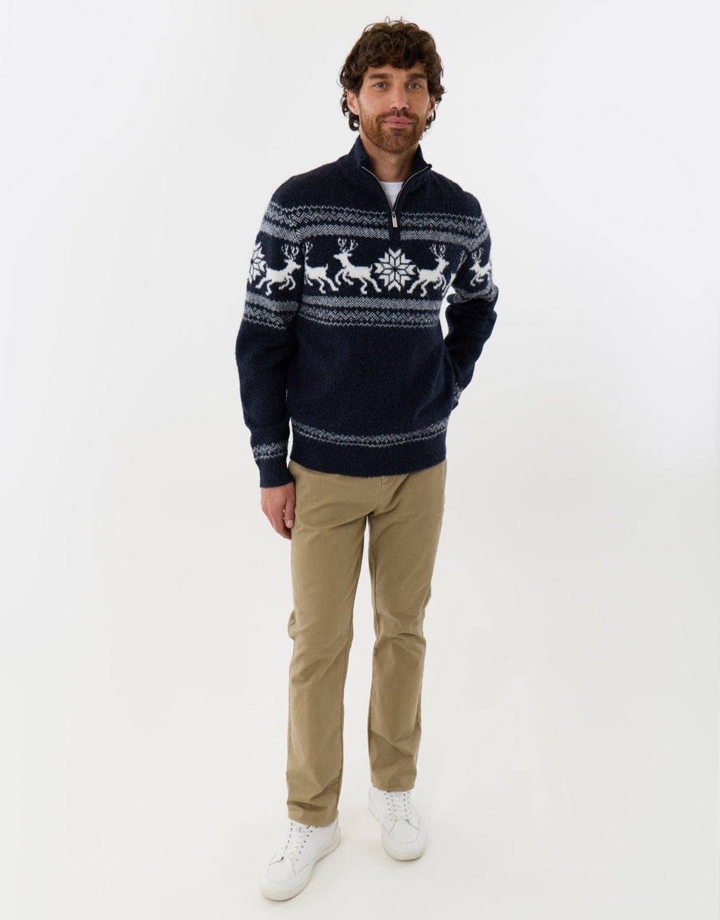 Men's Fair Isle Reindeer Christmas Sweater Quarter Zip Navy