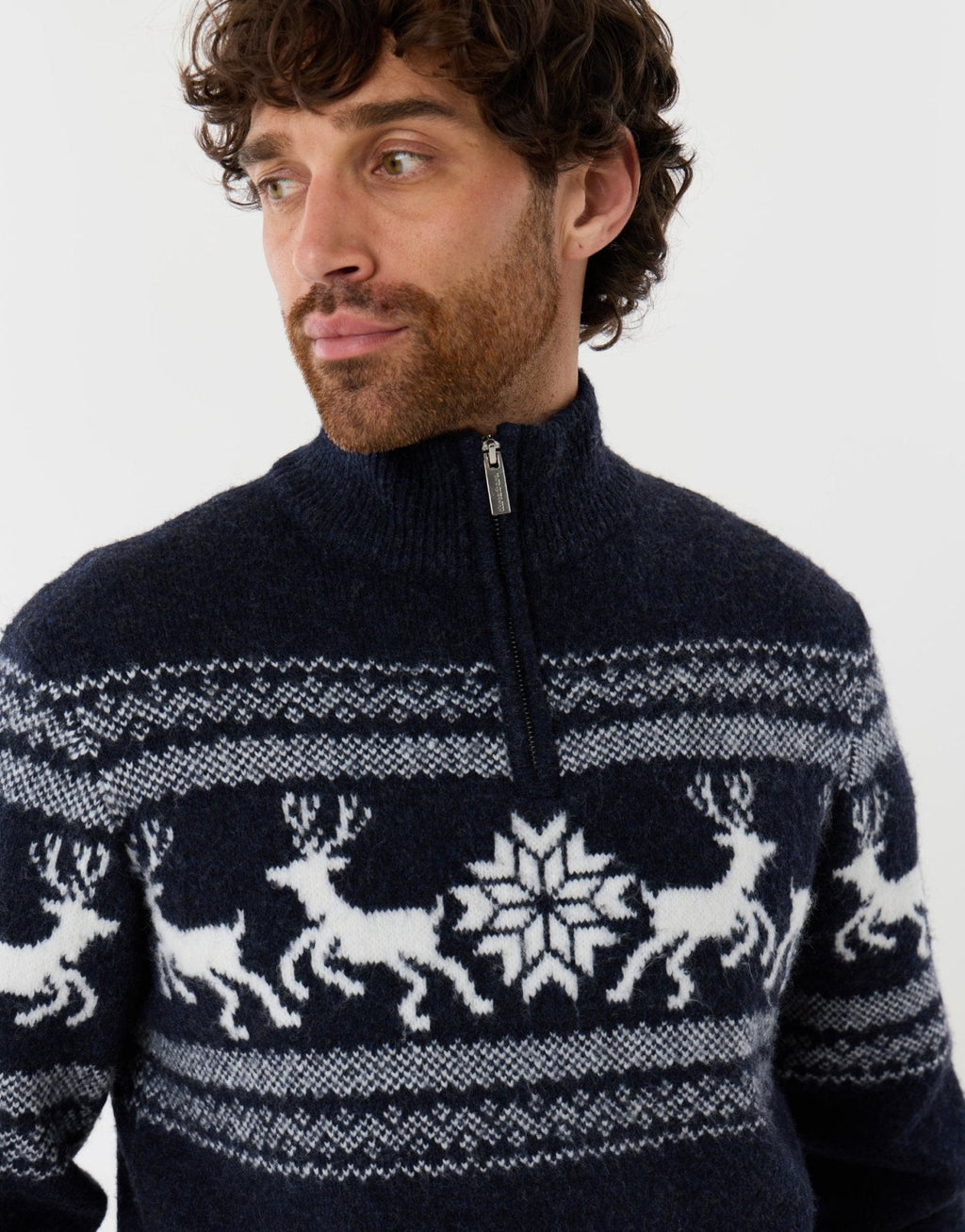 Men's Fair Isle Reindeer Christmas Sweater Quarter Zip Navy