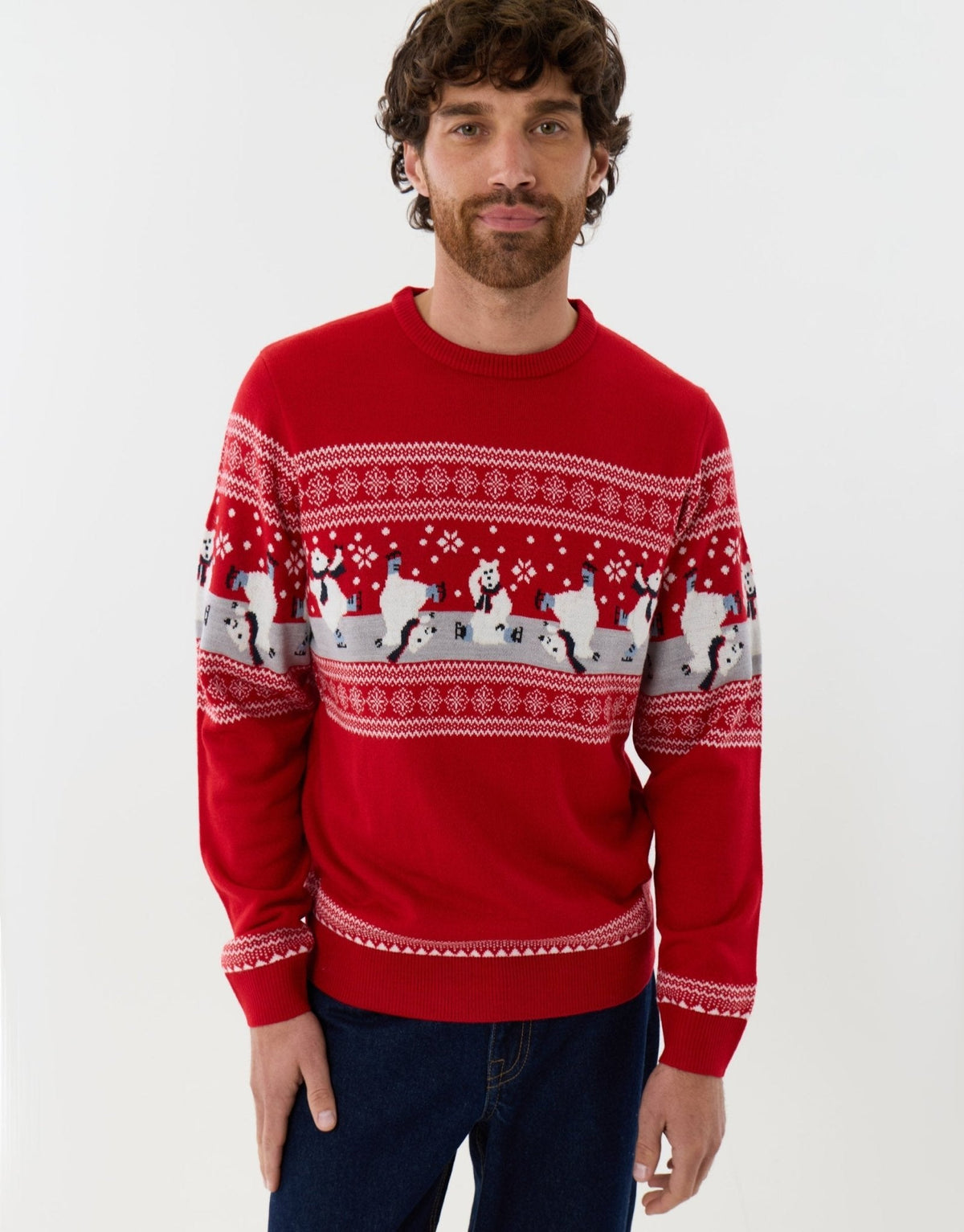 Men's Fair Isle Polar Bear Christmas Sweater in Red