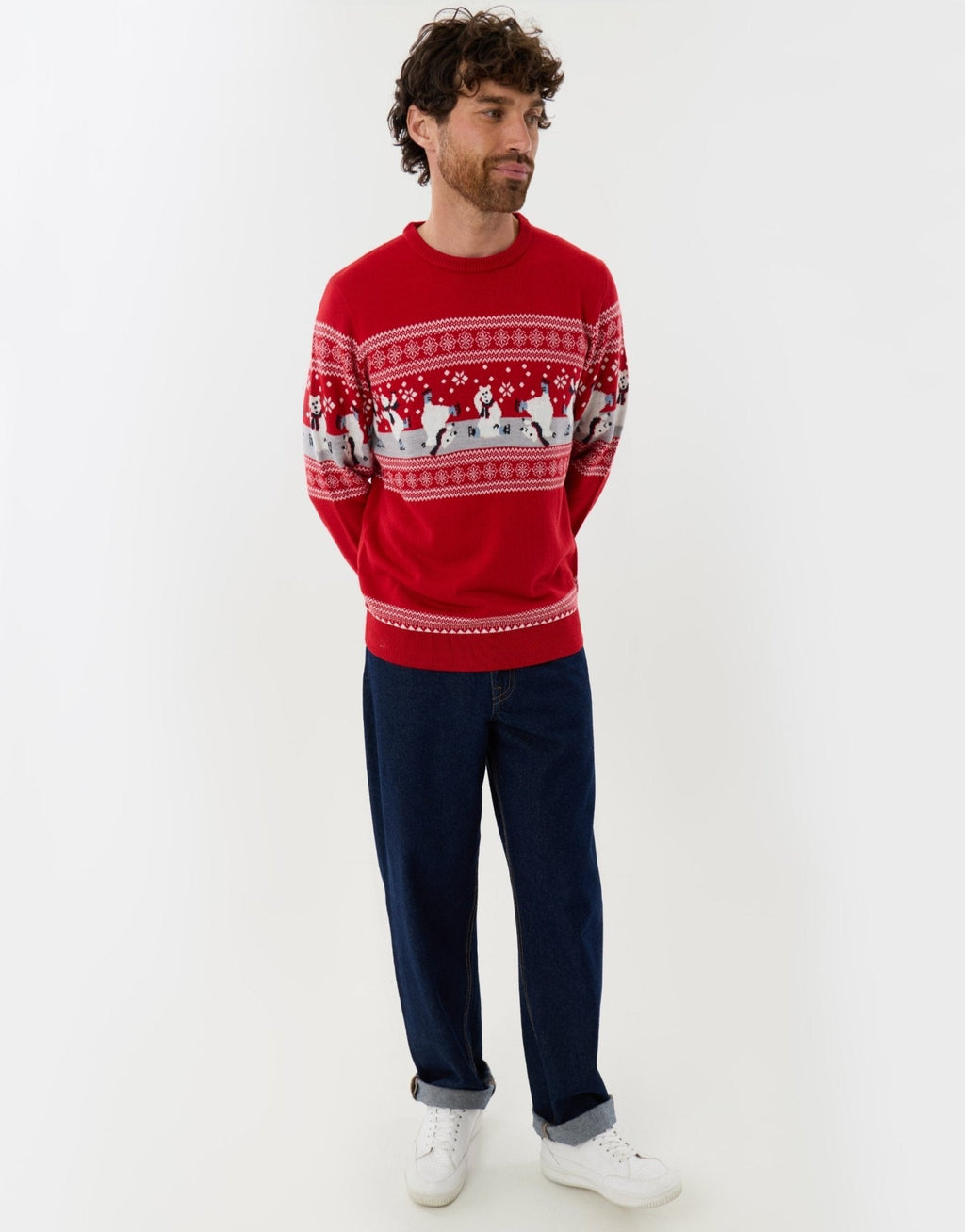 Men's Fair Isle Polar Bear Christmas Sweater in Red