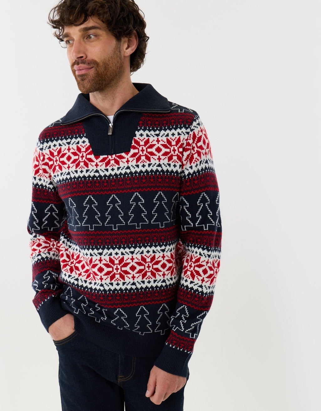 Men's Fair Isle Christmas Sweater Quarter Zip in Navy