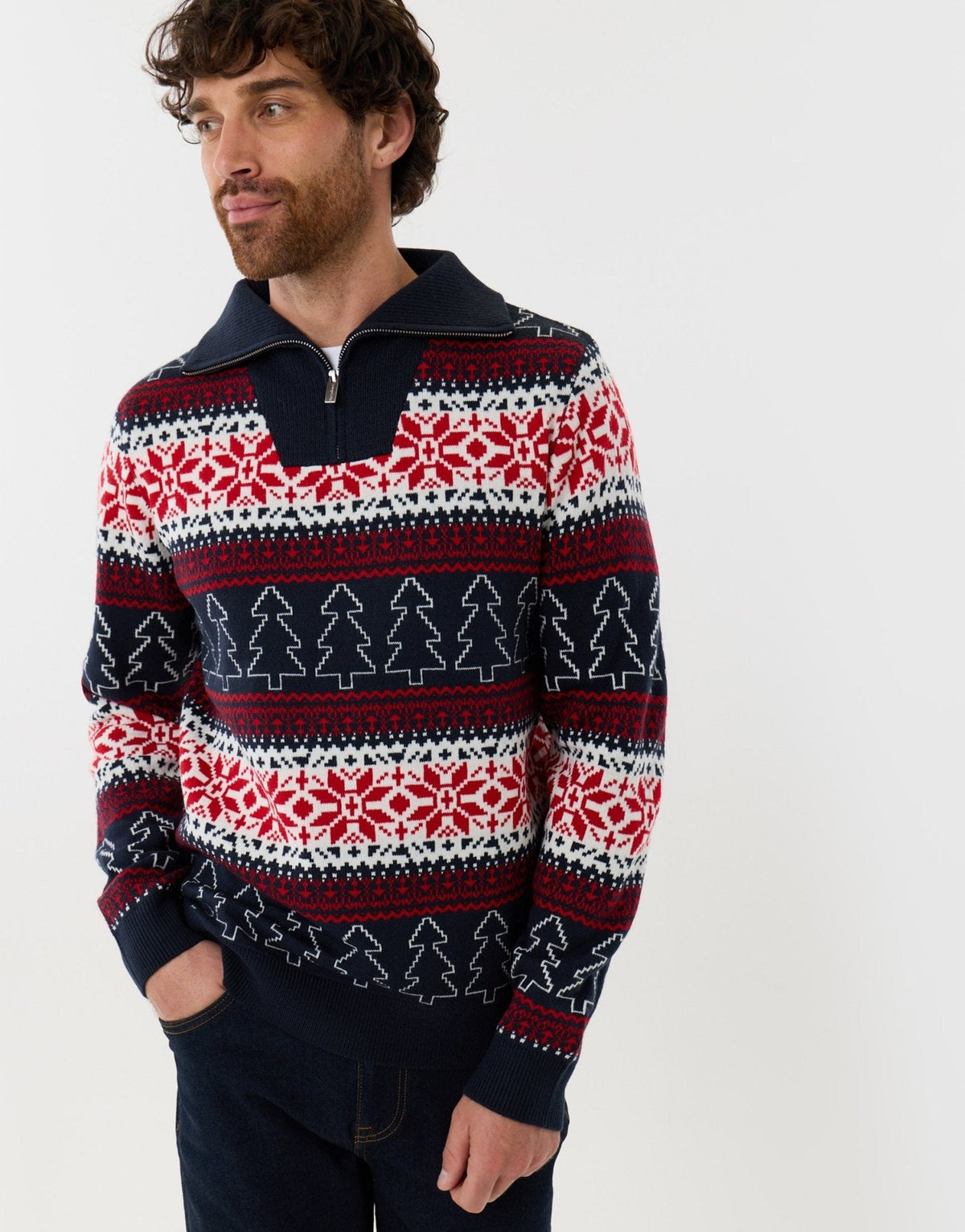 Men's Fair Isle Christmas Sweater Quarter Zip in Navy