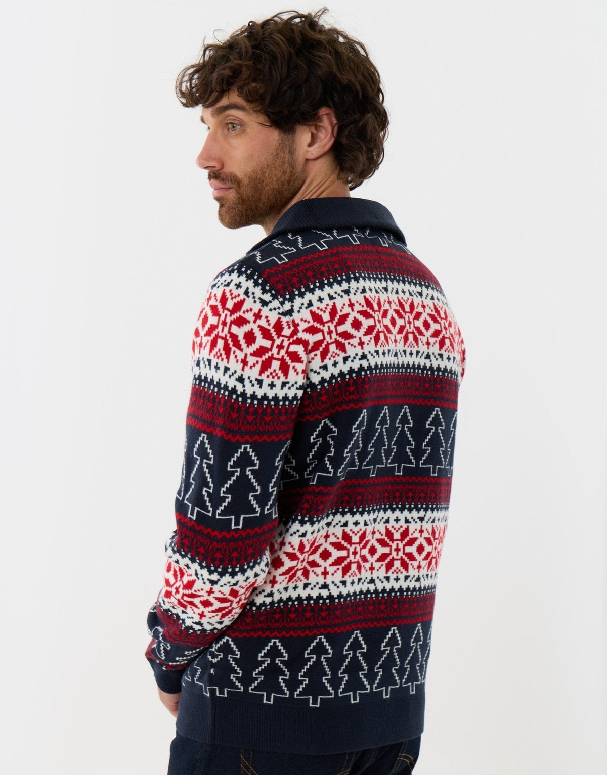 Men's Fair Isle Christmas Sweater Quarter Zip in Navy