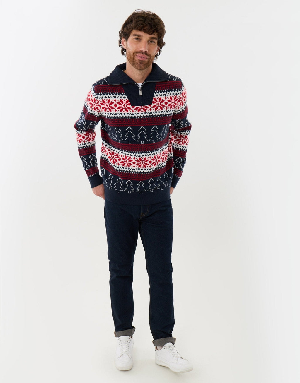 Men's Fair Isle Christmas Sweater Quarter Zip in Navy
