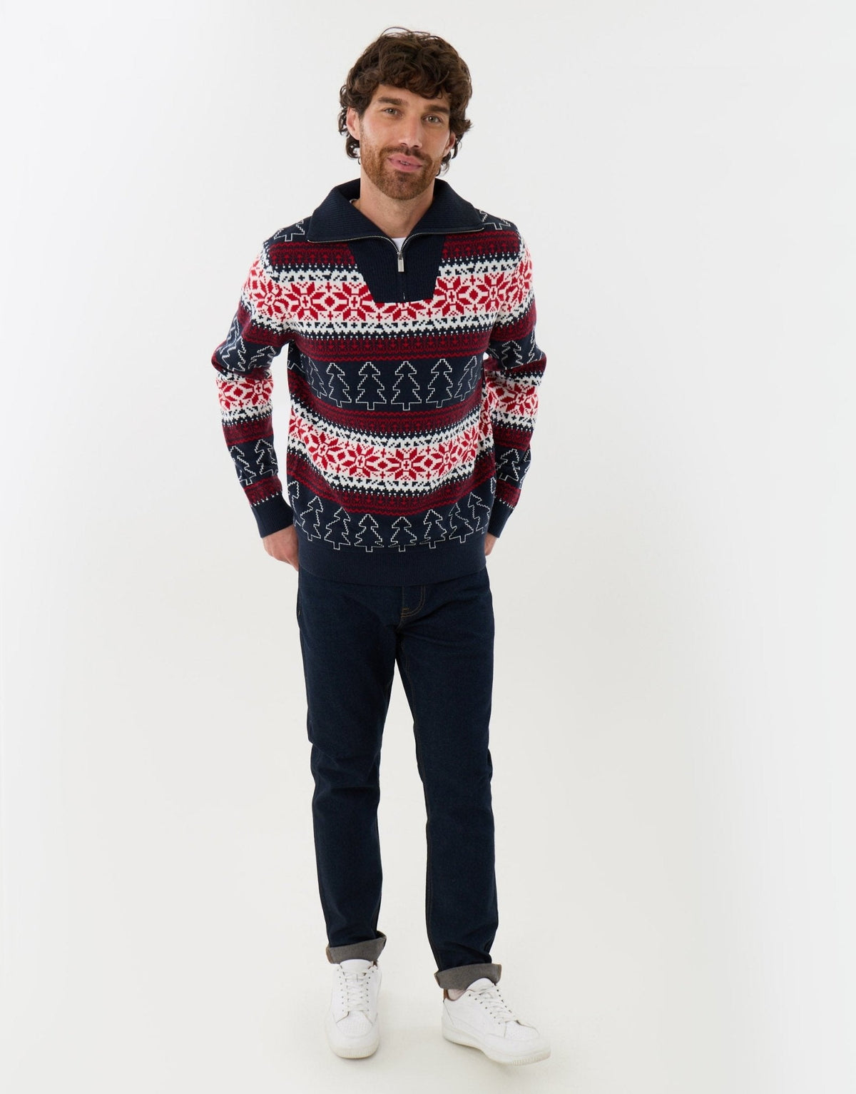 Men's Fair Isle Christmas Sweater Quarter Zip in Navy