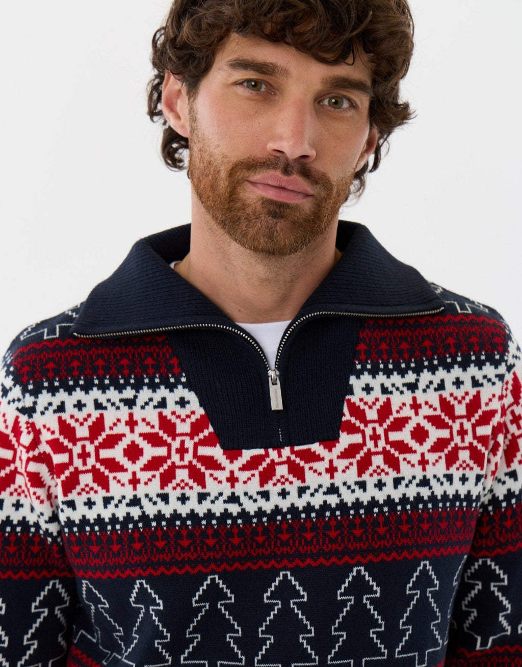 Men's Fair Isle Christmas Sweater Quarter Zip in Navy