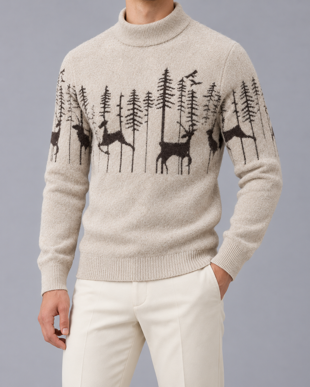 Men's Reindeer Forest Christmas Sweater Mock Neck