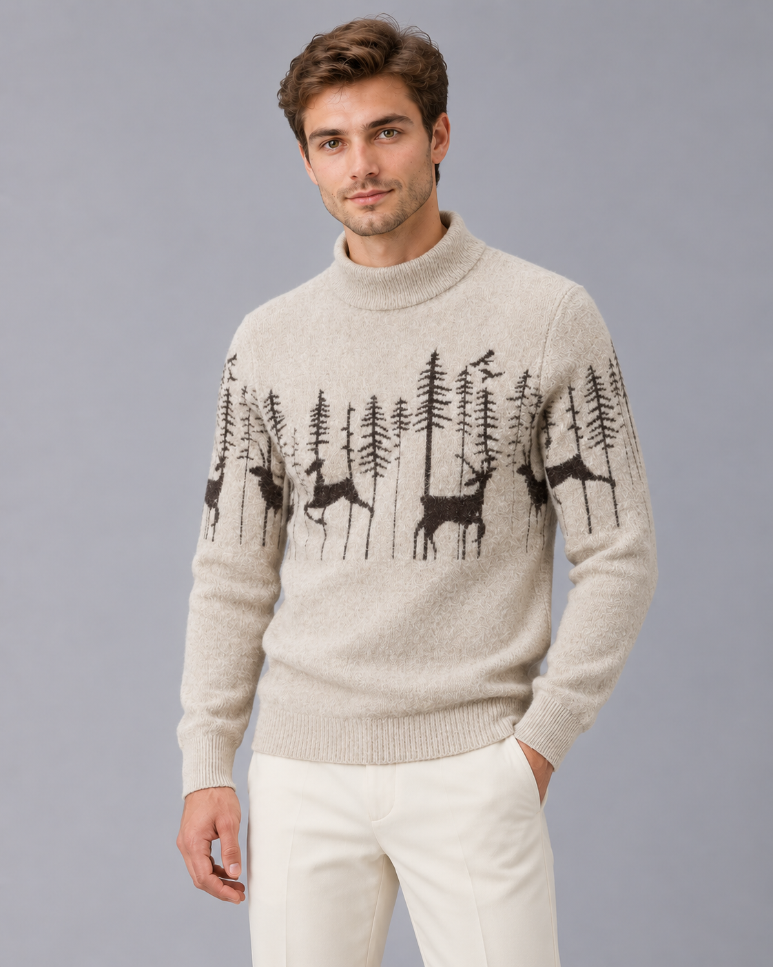 Men's Reindeer Forest Christmas Sweater Mock Neck