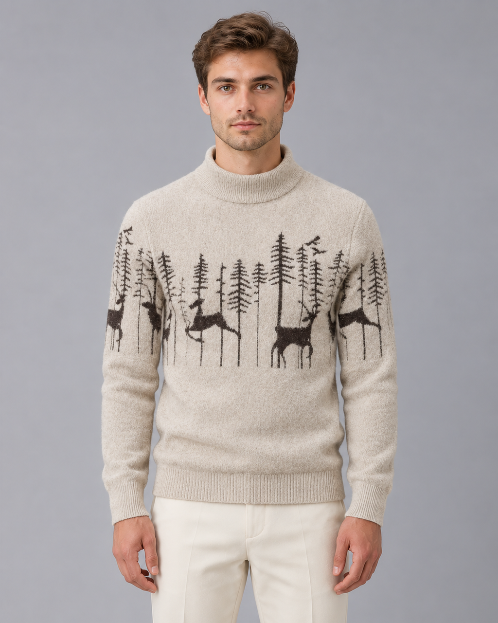 Men's Reindeer Forest Christmas Sweater Mock Neck