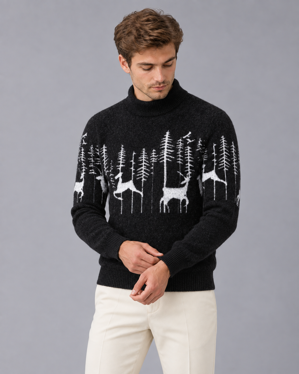 Men's Reindeer Forest Christmas Sweater Mock Neck