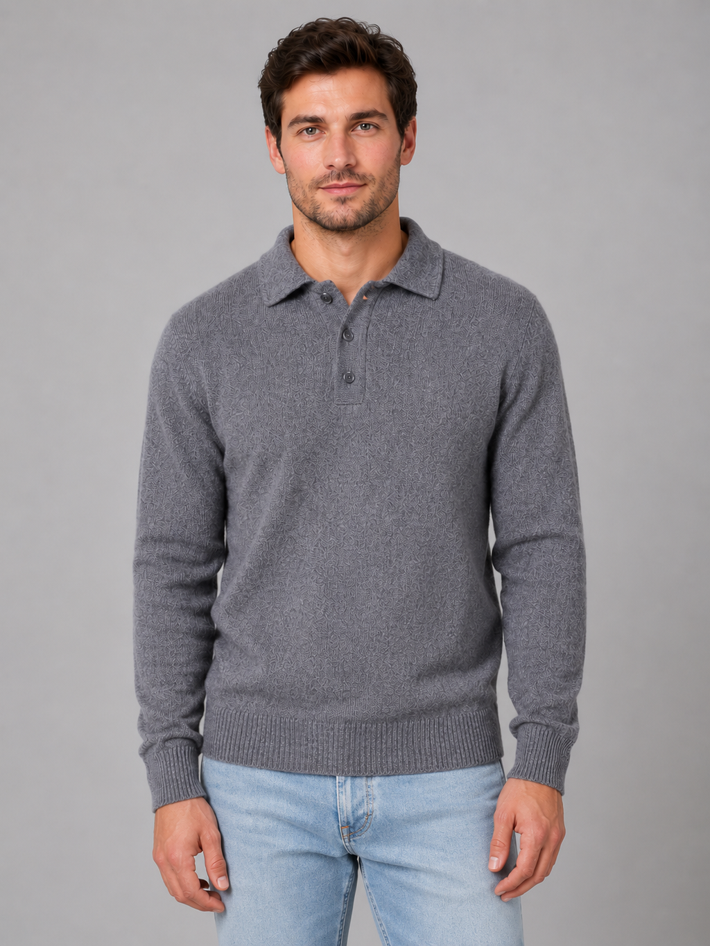 Men's Fine Knit Long Sleeve Polo Sweater