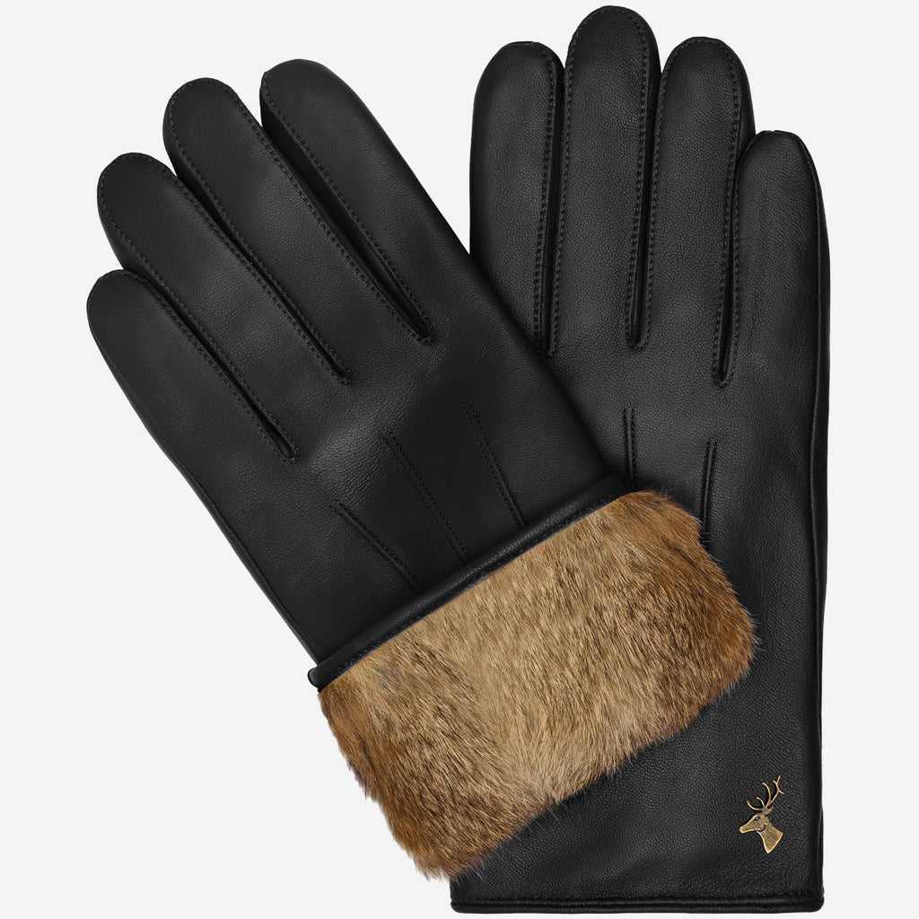 Men's Rabbit Fur Lined Leather Touchscreen Gloves in Black