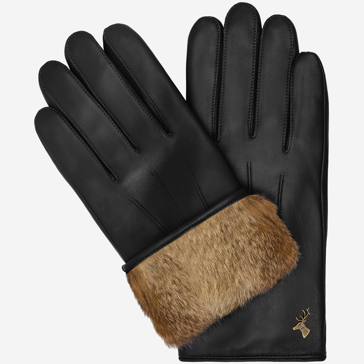 Men's Rabbit Fur Lined Leather Touchscreen Gloves in Black