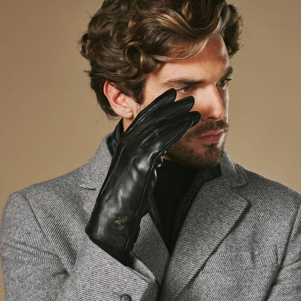 Men's Rabbit Fur Lined Leather Touchscreen Gloves in Black