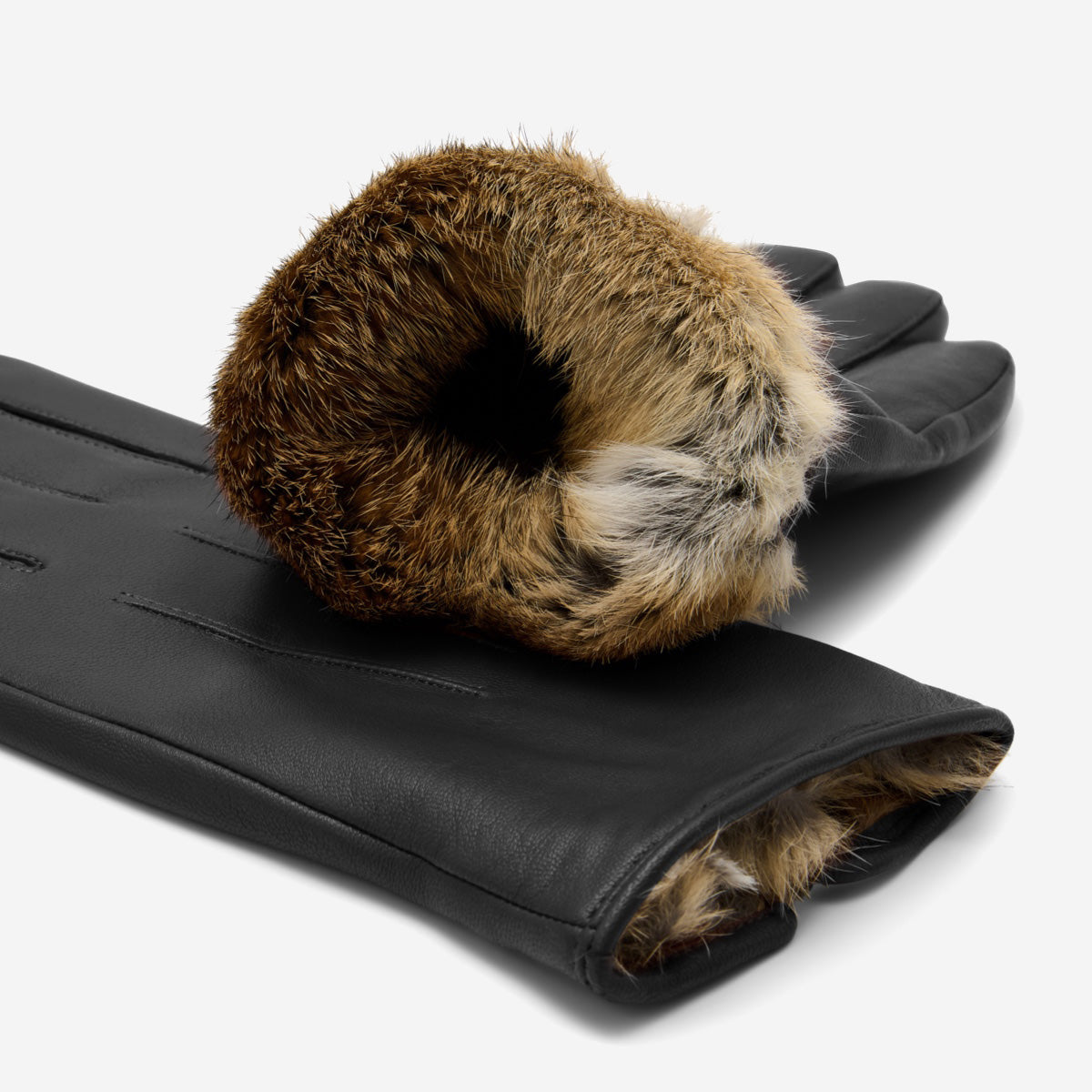 Men's Rabbit Fur Lined Leather Touchscreen Gloves in Black