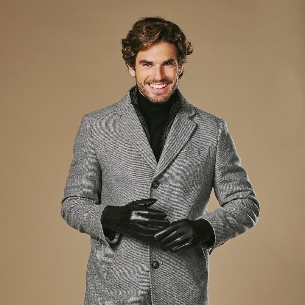 Men's Rabbit Fur Lined Leather Touchscreen Gloves in Black