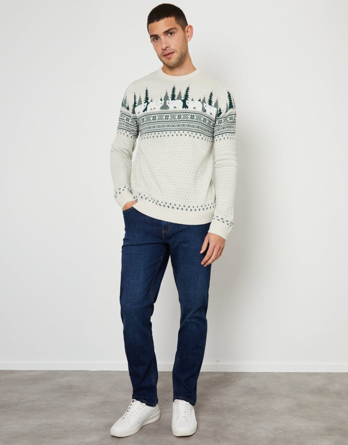 Men's Fair Isle Snowy Village Christmas Sweater Crew Neck