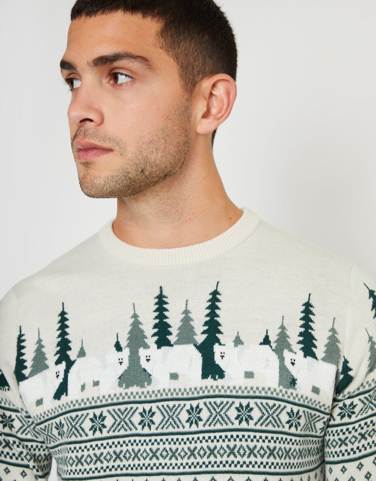 Men's Fair Isle Snowy Village Christmas Sweater Crew Neck