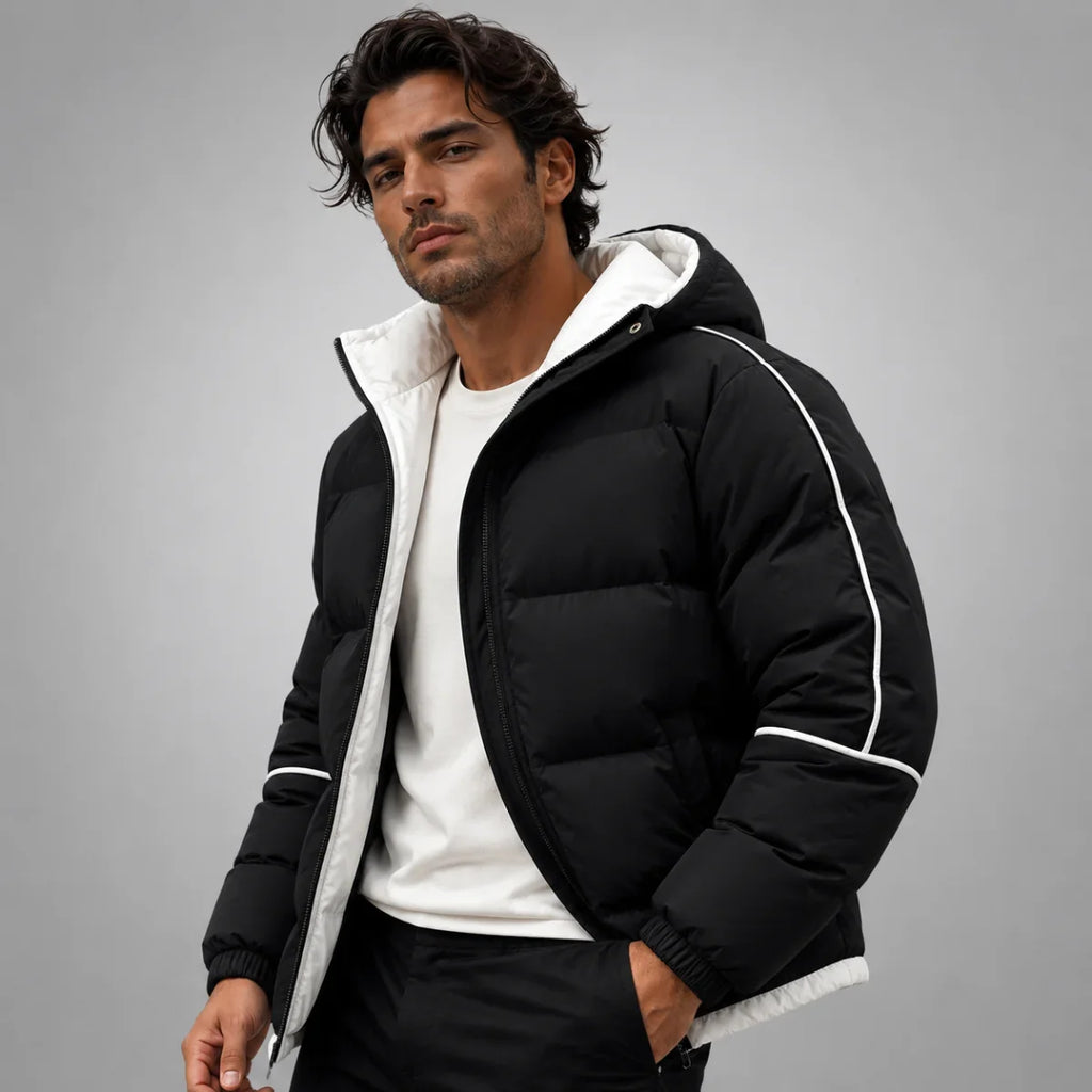 Men's Hooded Puffer Jacket with Contrast Piping