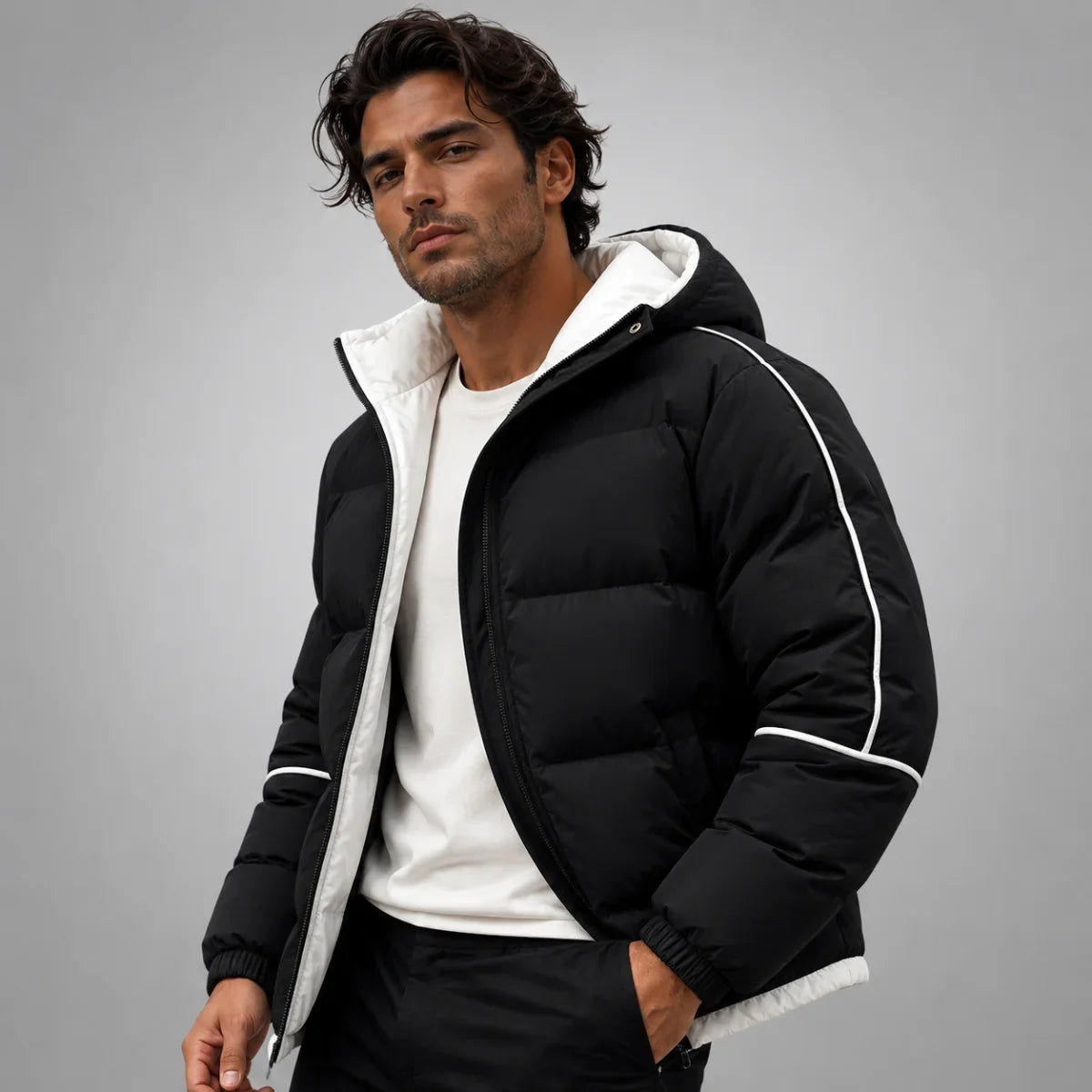 Men's Hooded Puffer Jacket with Contrast Piping
