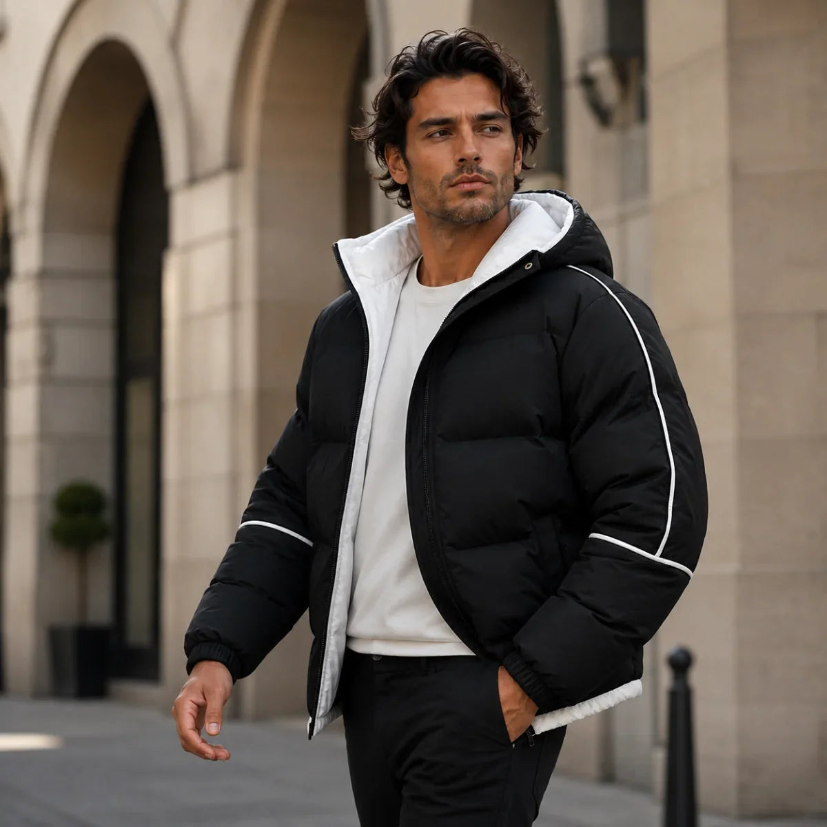 Men's Hooded Puffer Jacket with Contrast Piping