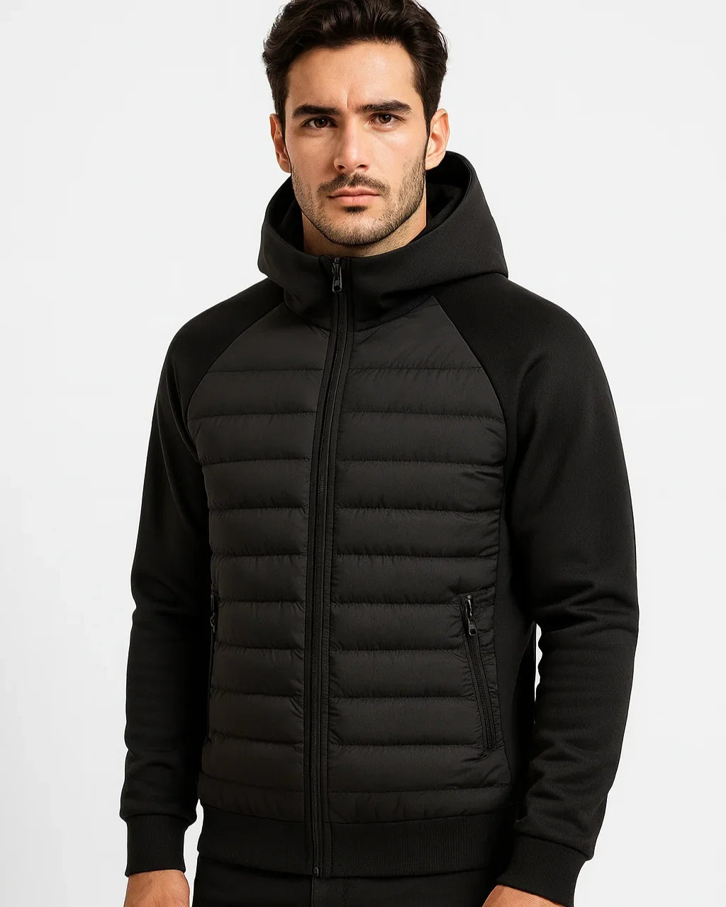Men's Hooded Quilted Hybrid Jacket with Raglan Sleeves